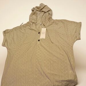 Light Olive Crochet Hoodie Top with Short Sleeves